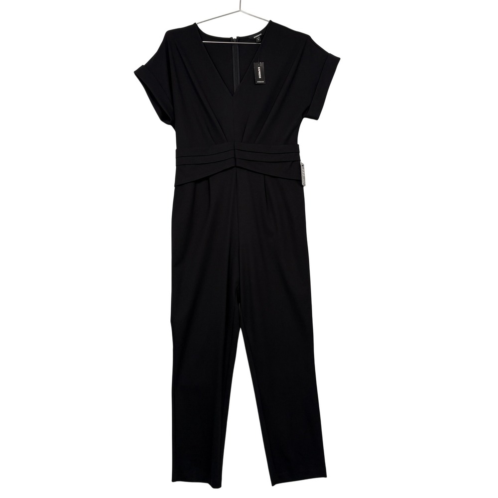 NWT Express Women Jumpsuit sz M Black V-Neck Short Sleeve Pleated Waist 07925060